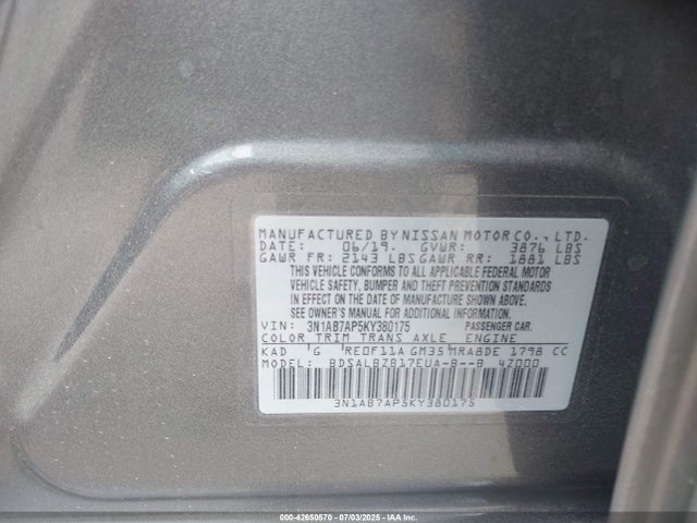 Nissan SENTRA S 2019 3N1AB7AP5KY380175 Image 9