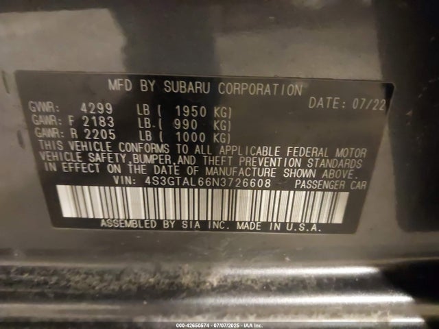 42650574 :رقم المزاد ، 4S3GTAL66N3726608 vin ، 2022 Subaru Impreza Sport 5-door مزاد بيع