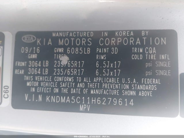 KNDMA5C11H6279614 KIA 2017