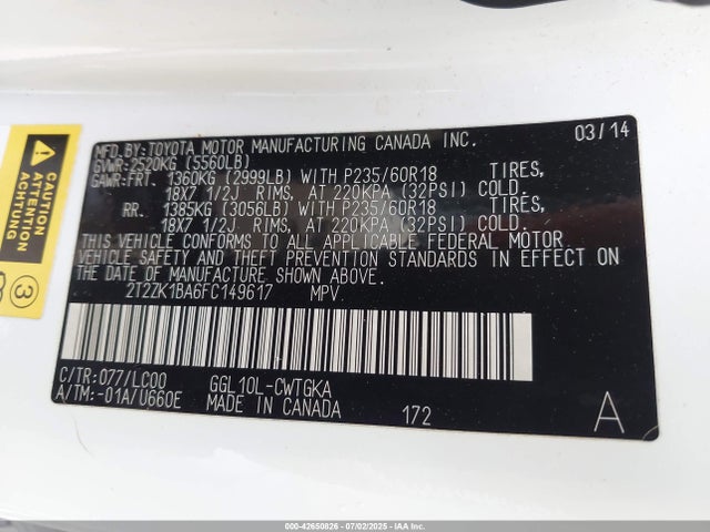 2T2ZK1BA6FC149617 Lexus 2gr-fe