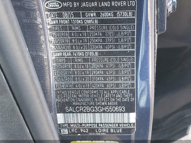 SALCR2BG3GH550693 Land Rover gtdi lev3 sulev30