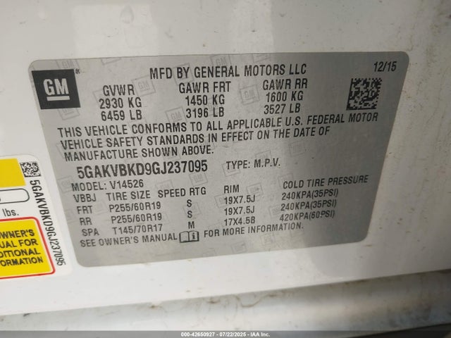 Buick llt - sidi, alum, 60 degrees 2016 5GAKVBKD9GJ237095 Image 9