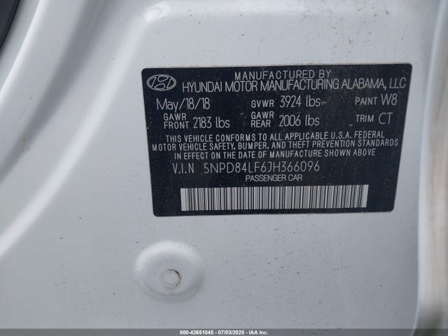 5NPD84LF6JH366096 Hyundai mpi nu
