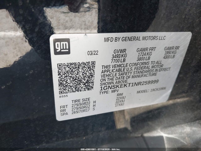 1GNSKEKT1NR259999 Chevrolet lm2 - cri, vgt, alum