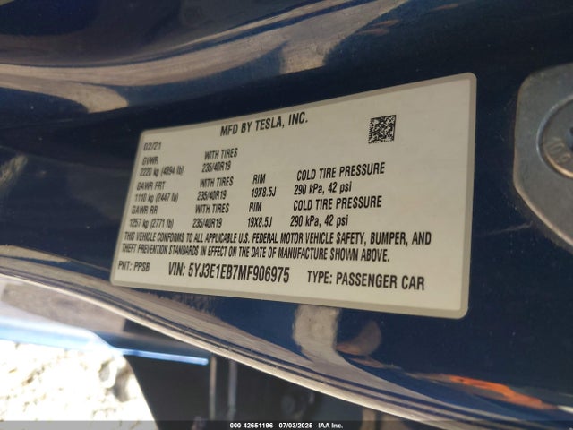 2021 TESLA MODEL 3 5YJ3E1EB7MF906975 Photo 8