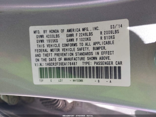 1HGCR2F36EA176487 Honda k24w1
