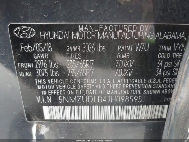 5NMZUDLB4JH098595 Hyundai gdi theta ii
