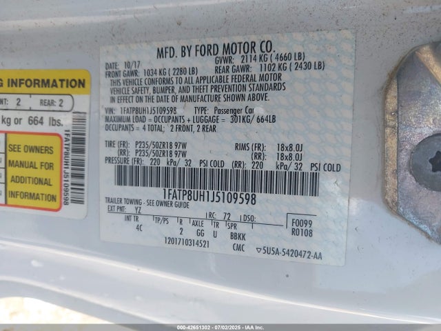 1FATP8UH1J5109598 Ford 2.3l 4v premium fuel