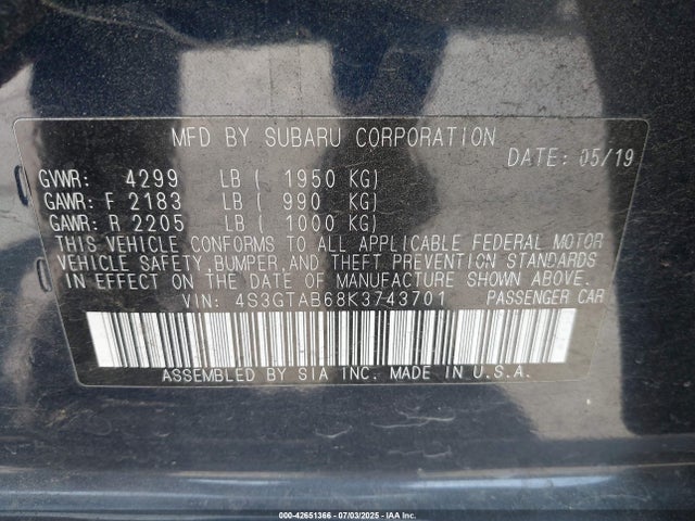 Subaru 2019 2019 4S3GTAB68K3743701 Image 9