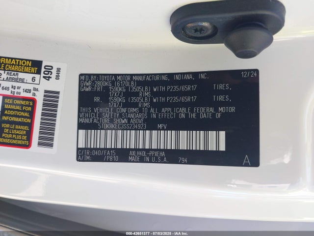 2025 Toyota Sienna Le მანქანა იყიდება აუქციონზე, vin: 5TDKRKEC3SS234923, აუქციონის ნომერი: 42651377