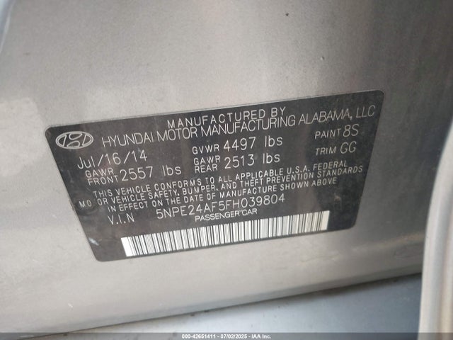 5NPE24AF5FH039804 Hyundai dohc gdi theta-ii