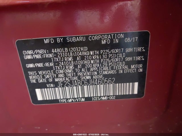 Subaru naturally aspirated u5 2018 JF2SJABC6JH460562 Image 9