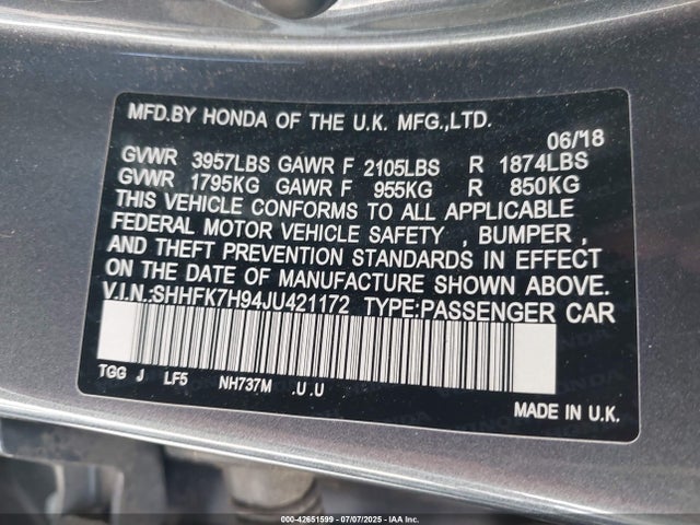 SHHFK7H94JU421172 Honda l15ba