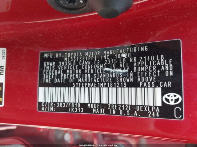 2021 TOYOTA COROLLA 5YFEPMAE1MP181219 Photo 8