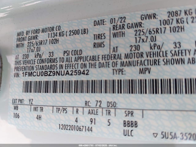 1FMCU0BZ9NUA25942 Ford hev/phev