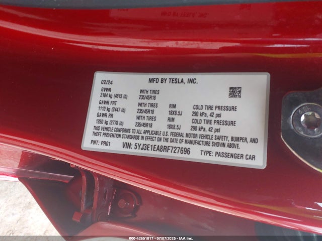 Tesla MODEL 3 2024 5YJ3E1EA8RF727696 Image 9