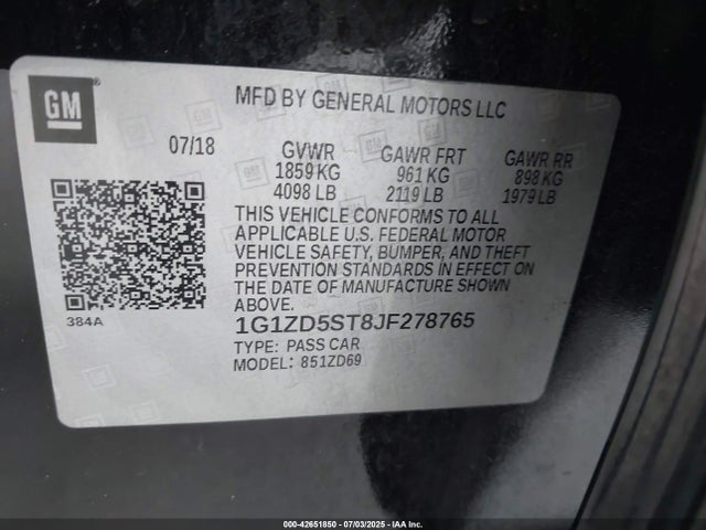 Aukcja sprzedaży 2018 Chevrolet Malibu Lt, vin: 1G1ZD5ST8JF278765, numer aukcji: 42651850