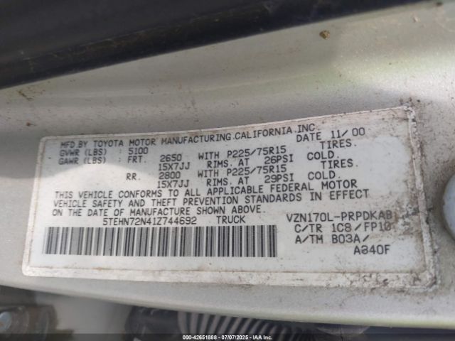 2001 TOYOTA TACOMA 5TEHN72N41Z744692 Photo 8