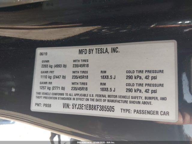 2019 TESLA MODEL 3 5YJ3E1EB8KF385505 Photo 8