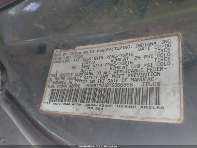 2000 TOYOTA TUNDRA 5TBBT4818YS066866 Photo 8