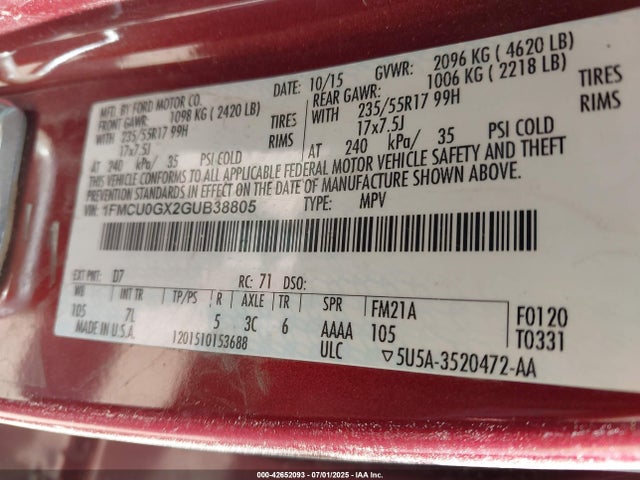 1FMCU0GX2GUB38805 Ford 2016
