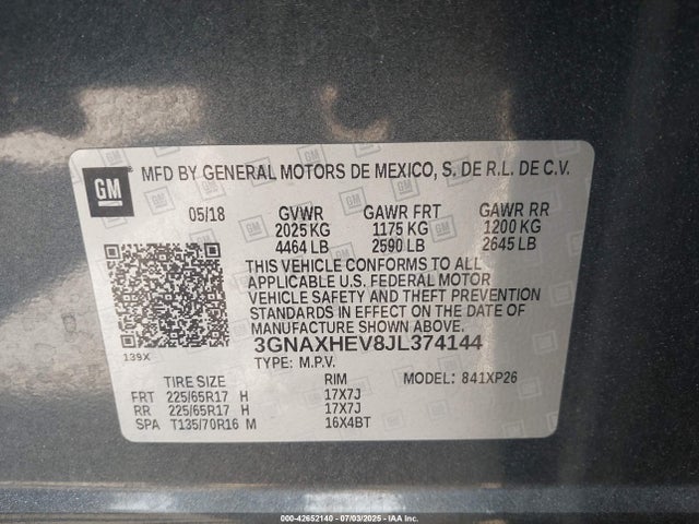 3GNAXHEV8JL374144 Chevrolet lyx - direct injection, vvt, fgt, turbo, alum, gen1