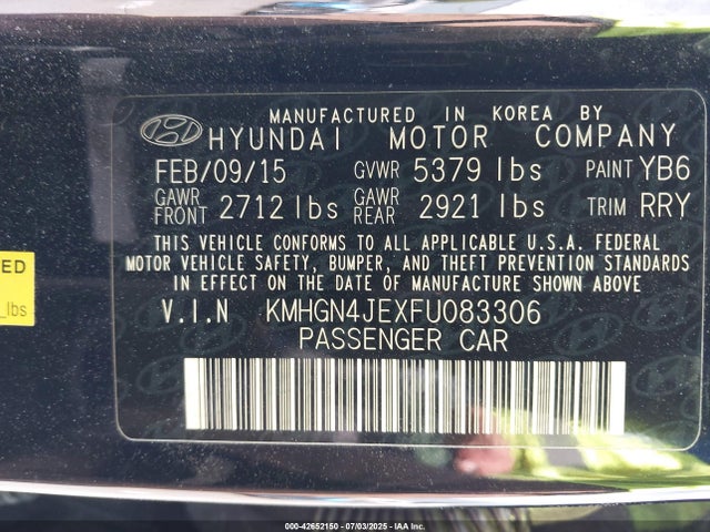 KMHGN4JEXFU083306 Hyundai gasoline 3.8 dohc mpi lambda