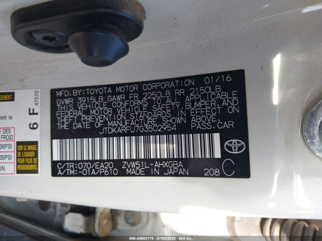 JTDKARFU7G3502954 Toyota 2zr-fxe,1nm
