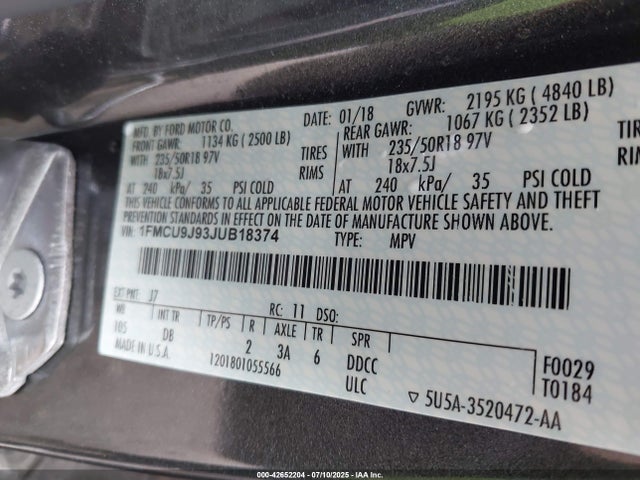 1FMCU9J93JUB18374 Ford 2018