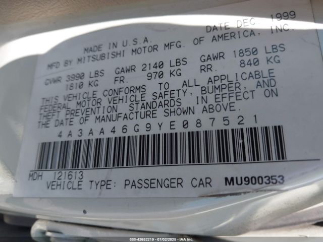 2000 MITSUBISHI GALANT 4A3AA46G9YE087521 Photo 8