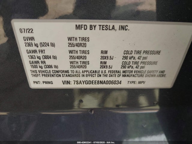 2022 TESLA MODEL Y 7SAYGDEE8NA006034 Photo 8