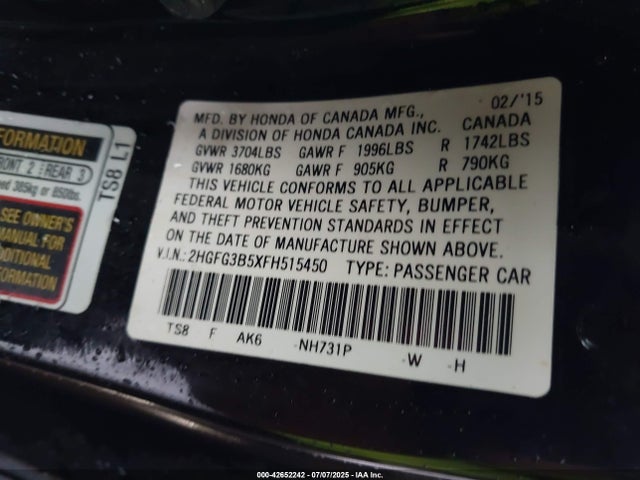 2HGFG3B5XFH515450 Honda r18z1