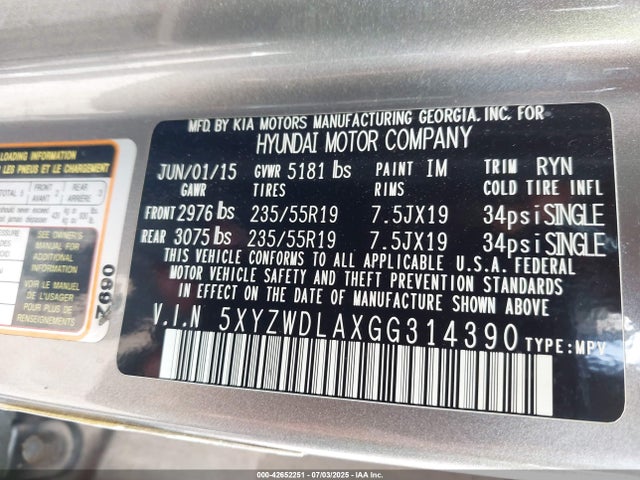 2016 Hyundai Santa Fe Sport 2.0l Turbo მანქანა იყიდება აუქციონზე, vin: 5XYZWDLAXGG314390, აუქციონის ნომერი: 42652251