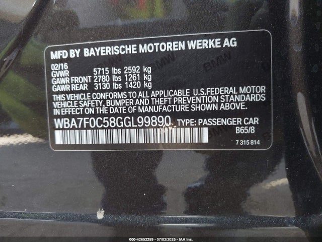 WBA7F0C58GGL99890 BMW 2016