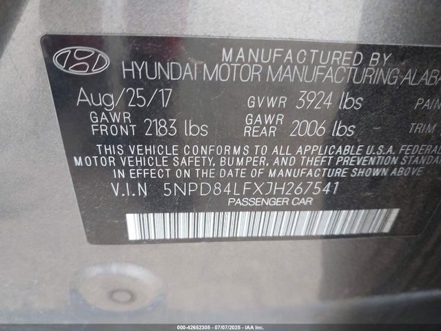 5NPD84LFXJH267541 Hyundai mpi nu