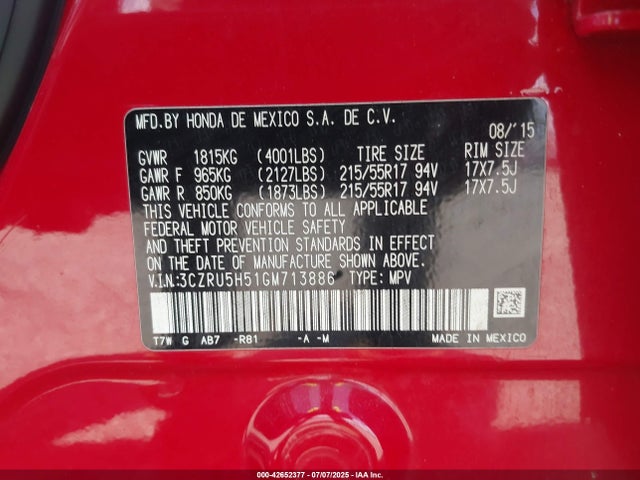 3CZRU5H51GM713886 Honda r18z9