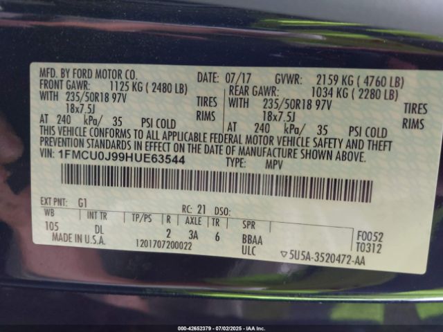 1FMCU0J99HUE63544 Ford 2017