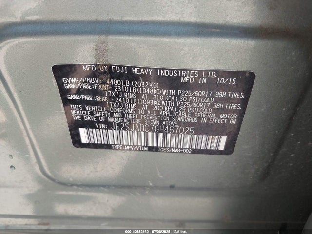 Subaru naturally aspirated u5 2016 JF2SJADC7GH467025 Image 9