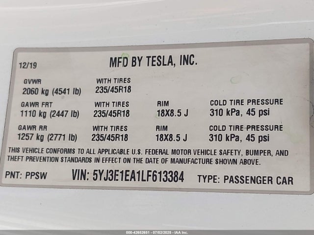 2020 TESLA MODEL 3 5YJ3E1EA1LF613384 Photo 8