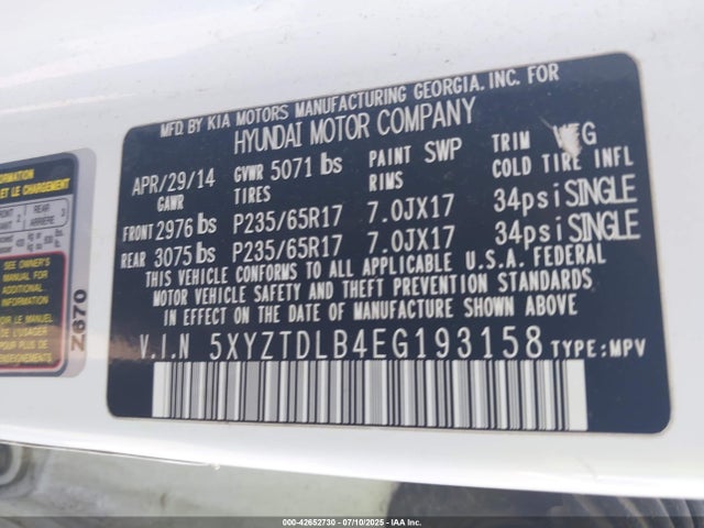 5XYZTDLB4EG193158 Hyundai gdi theta
