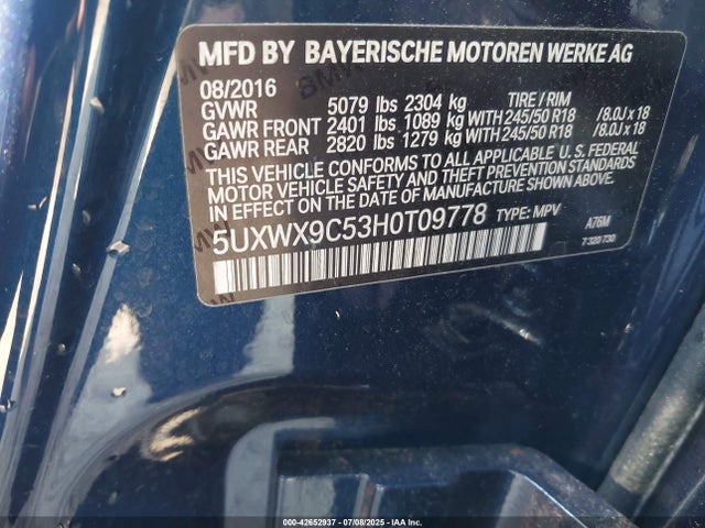 5UXWX9C53H0T09778 BMW X3