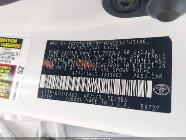 2020 TOYOTA CAMRY 4T1G11AK6LU930463 Photo 8