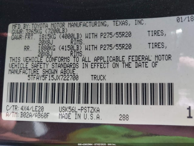 5TFAY5F15JX722700 Toyota 3ur-fe