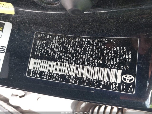 5YFBURHE2EP098513 Toyota 2zr-fe
