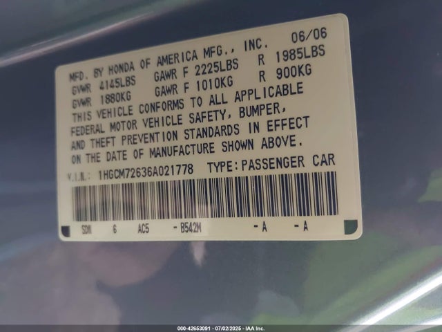 Aukcja sprzedaży 2006 Honda Accord 2.4 Ex, vin: 1HGCM72636A021778, numer aukcji: 42653091