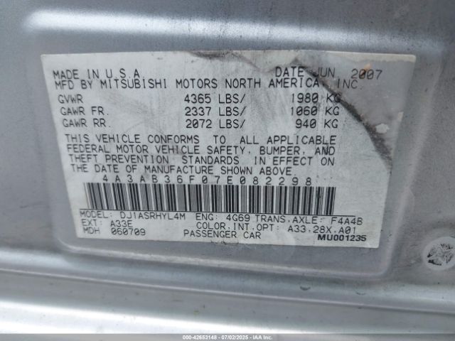 2007 MITSUBISHI GALANT 4A3AB36F07E082298 Photo 8