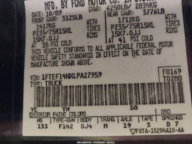 1990 FORD F150 1FTEF14NXLPA27959 Photo 8