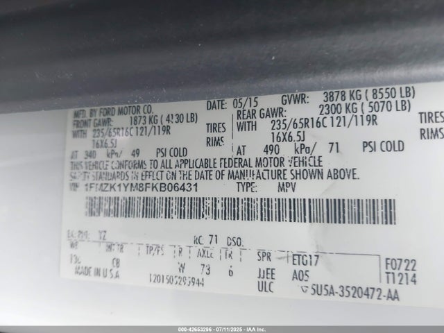 1FMZK1YM8FKB06431 Ford 2015