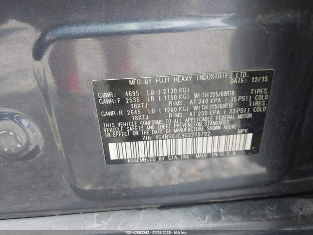 4S4BSBJC9G3270792 Subaru 2.5l u6