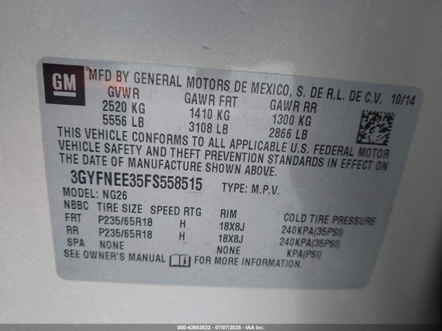 2015 CADILLAC SRX 3GYFNEE35FS558515 Photo 8